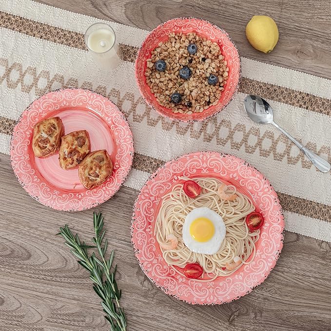 12-Piece Farmhouse Melamine Dinnerware Set Elegant Unbreakable plates and bowls sets BPA Free Dinner Dishes serving Set Service for 4 Perfect for Indoor/Outdoor Dining Peach pink Red