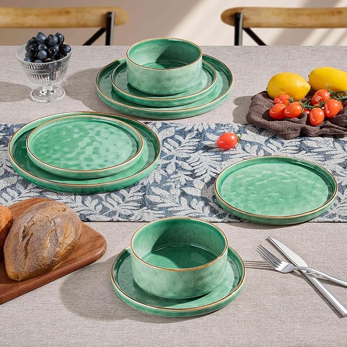 Herogo 12 Pieces Dinnerware Dish Sets for 4 Plates and Bowls Sets for Home Kitchen Ceramic Dining Dishware Dishwasher &amp Microwave Safe Gemstone Green