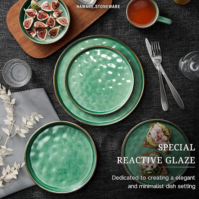 HaWare Dinnerware Sets 24-Piece Plates and Bowls Set Stoneware Dish Set for 8 Ceramic Dinnerware for Home Restaurant Chip and Scratch Resistant Microwave and Dishwasher Safe Reactive Green