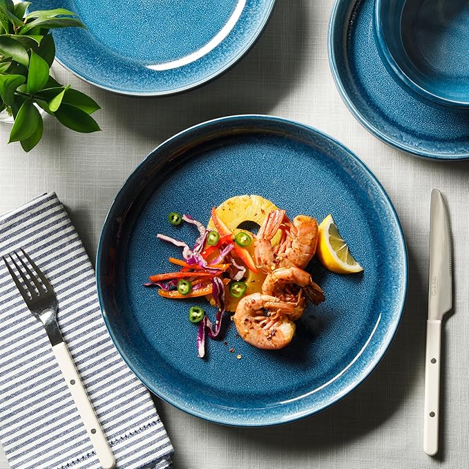 Sur La Table Kitchen Essentials Banquette 16 Piece Double Bowl Plates and Bowls Reactive Glaze Stoneware Dinnerware Set - Blue