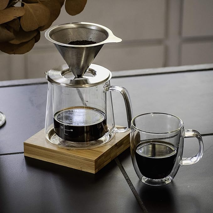 Brew To A Tea BTaT- Pour Over Coffee Maker Set Double Wall Glass 16 oz Drip Coffee Maker Pour Over Permanent Filter