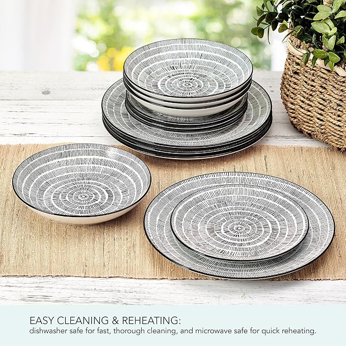Pfaltzgraff Sketch Serenade Geometric 12 Piece Plates Bowls Dinnerware Set Black and White