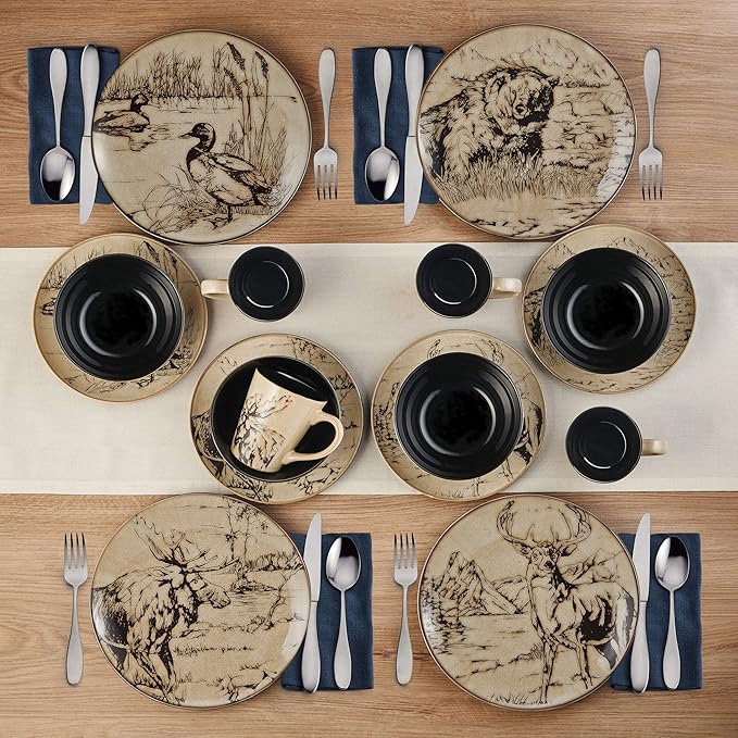 Mossy Oak Animal Print 16 Piece Dinnerware Set Service for 4 Black and Beige
