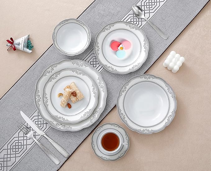 Lorren Home Trends Victoria-24 24 Piece Victoria Design Porcelain Wavy Edge Dinnerware Set White