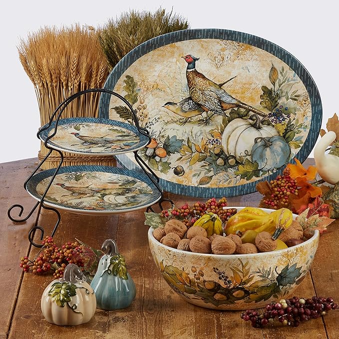 Harvest Gatherings 16-Piece Ceramic Dinnerware Set Service for 4 – Multicolor Fall Plates Bowls &amp Mugs with Pumpkin &amp Pheasant Design – Autumn Tableware for Thanksgiving Cabin &amp Holiday