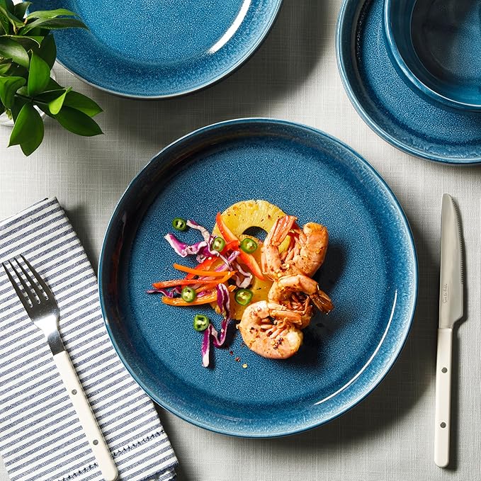 Sur La Table Kitchen Essentials Banquette 16 Piece Double Bowl Plates and Bowls Reactive Glaze Stoneware Dinnerware Set - Blue