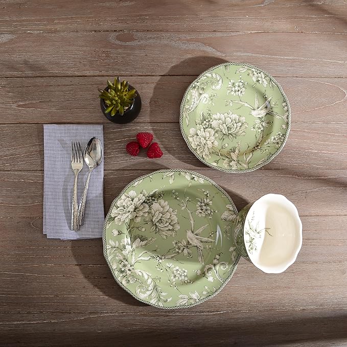 222 Fifth Adelaide Sage 12-Piece Green Porcelain Dinnerware Set – Service for 4 Big Dinner Plates and Bowls Sets Green with White Floral Pattern for Daily Entertainment Microwave &amp Dishwasher