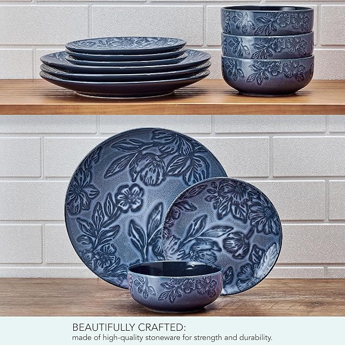 Paltzgraff Garden Elegance 12 Piece Floral Stoneware Dinnerware Plate Bowl Dish Set Service for 4 Blue