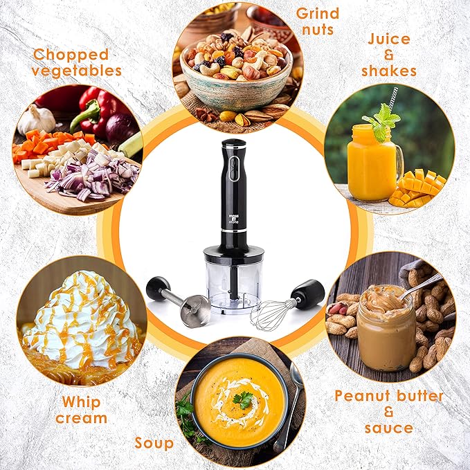 Moss &amp Stone Electric Hand Blender Set 300W Immersion Hand Blender with Whisk and Chopper Stainless Steel Shaft and Blades 2-Speed Handheld Mixer with Ergonomic Grip Black