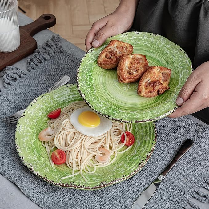 LEHAHA Melamine Dishes Unbreakable Dinnerware Sets 12 Piece Farmhouse Rustic Swirl Plates and Bowls Set for Outdoor Picnic RV Camping &amp Everyday Use Service for 4 Green