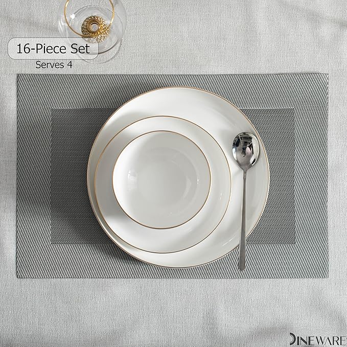 Perlaceo Luxurious Collection Bone China Dinnerware Set-Lightweight and Durable-Service for 4 or 8 Including Dinner Salad Plates and Cereal or Soup Bowls 16-Pc White w/Gold Rim