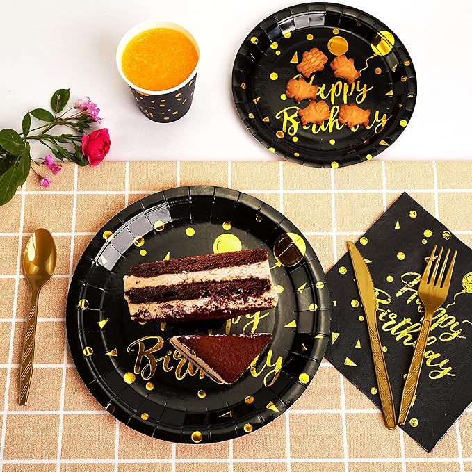 200 pieces of black and gold birthday party supplies disposable happy birthday tableware set gold plastic knives forks spoons straws. Birthday themed tray cup25Guests (black)