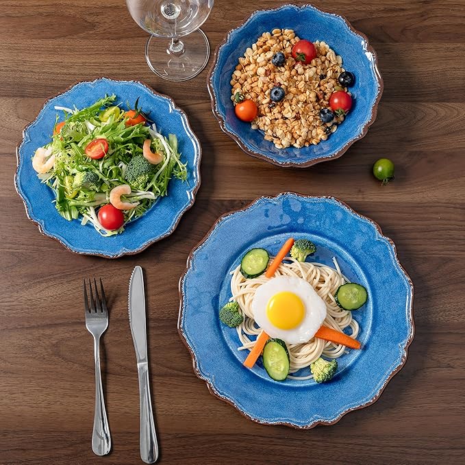 LEHAHA Farmhouse Melamine Dinnerware Sets-Lightweight Durable BPA Free 12 Piece Plates and Bowls Set Blue Dishes Set for Indoor &amp Outdoor Use Perfect for Camping BBQs Parties