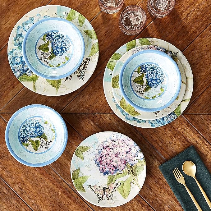 Hydrangea Garden 12 pc Melamine Dinnerware Set Service for 4