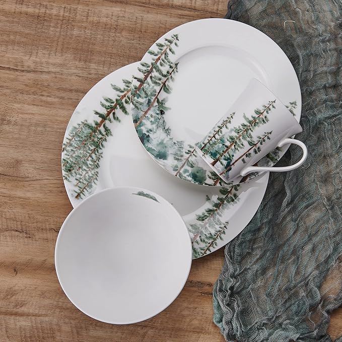 Mikasa Watercolor Forest Bone China Lightweight Chip Resistant 16 Piece Dinnerware Set Service for 4 White