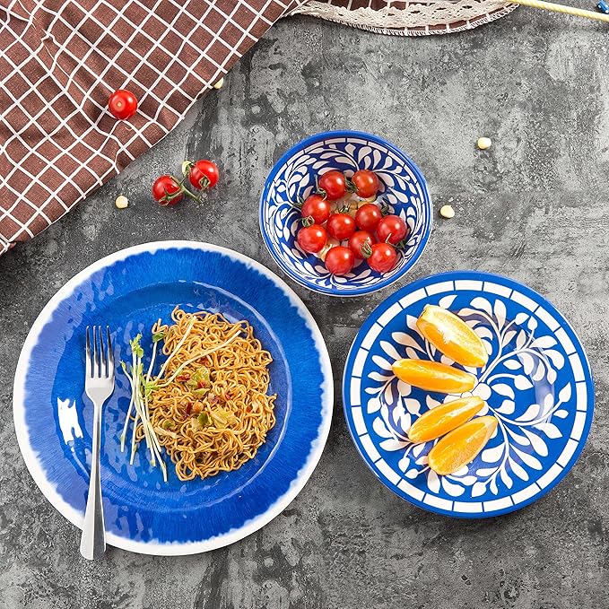 Melamine Dinnerware Set - 12 Pcs Dinner Dishes Set for 4 Plates and Bowls Set for Indoor &amp Outdoor Use- Dishwasher Safe Unbreakable Blue