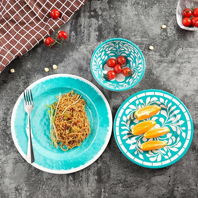 Melamine Dinnerware Sets -12 Piece Plates and Bowls Set for Indoor and Outdoor Use LightweightTeal colorGreen